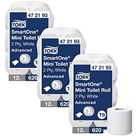 Tork SmartOne Mini Toilet Roll, 2-Ply, 620 Sheets per Roll, Pack of 12 - 3 Pack Saver Bundle