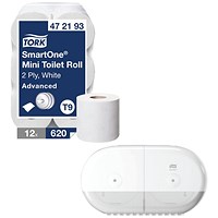 Tork SmartOne Mini Toilet Roll, 2-Ply, 620 Sheets per Roll, Pack of 12 - Get Free Tork T9 SmartOne Twin Mini Toilet Paper Dispenser, White
