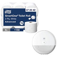Tork SmartOne Toilet Roll, 2-Ply, White, 6 Rolls of 1150 Sheets - Get Tork T8 SmartOne Toilet Paper Dispenser, White Free