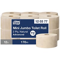 Tork Advanced Mini Jumbo Toilet Roll, 2-Ply, Natural, Pack of 12 Tork Advanced Mini Jumbo Toilet Roll, 2-Ply, Natural, Pack of 12