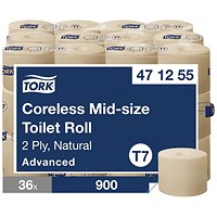 Tork Coreless Mid Toilet Roll, 2-Ply, Advanced Natural, 36 Rolls of 900 Sheets