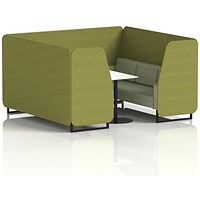 Brixworth 6 Seater Booth with Table, Black Legs, White/Black Table, Rivet Fabric, Olive Panels And Burnish Sofa