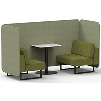 Brixworth 2 Seater Bench Booth With Table, Black Legs, White Table With Black Leg, Rivet Fabric, Burnish Panels And Olive Sofa