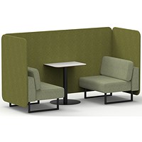 Brixworth 2 Seater Bench Booth With Table, Black Legs, White Table With Black Leg, Rivet Fabric, Olive Panels And Burnish Sofa