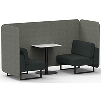 Brixworth 2 Seater Bench Booth With Table, Black Legs, White Table With Black Leg, Rivet Fabric, Vitreous Panels And Charcoal Sofa