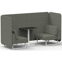 Brixworth 2 Seater Bench Booth With Table, White Legs, Black Table With White Leg, Rivet Fabric, Vitreous Panels And Sofa
