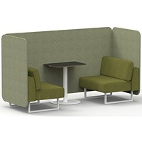 Brixworth 2 Seater Bench Booth With Table, White Legs, Black Table With White Leg, Rivet Fabric, Burnish Panels And Olive Sofa