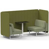 Brixworth 2 Seater Bench Booth With Table, White Legs, Black Table With White Leg, Rivet Fabric, Olive Panels And Burnish Sofa