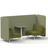 Brixworth 2 Seater Bench Booth With Table, White Legs, Grey Table With White Leg, Rivet Fabric, Burnish Panels And Olive Sofa