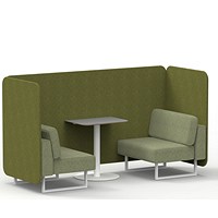 Brixworth 2 Seater Bench Booth With Table, White Legs, Grey Table With White Leg, Rivet Fabric, Olive Panels And Burnish Sofa