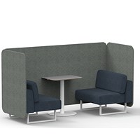 Brixworth 2 Seater Bench Booth With Table, White Legs, Grey Table With White Leg, Rivet Fabric, Vitreous Panels And Charcoal Sofa