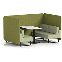 Brixworth 4 Seater Bench Booth With Table, Black Legs, White Table With Black Leg, Rivet Fabric, Olive Panels And Burnish Sofa