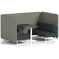 Brixworth 4 Seater Bench Booth With Table. White Legs, Black Table With White Leg, Rivet Fabric, Vitreous Panels And Charcoal Sofa