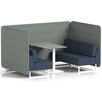 Brixworth 4 Seater Bench Booth With Table, White Legs, Grey Table With White Leg, Rivet Fabric, Vitreous Panels And Charcoal Sofa