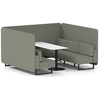 Brixworth 6 Seater Bench Booth With Table, Black Legs, White Table With Black Leg, Rivet Fabric, Vitreous Panels And Sofa