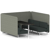 Brixworth 6 Seater Bench Booth With Table, White Legs, Black Table With White Leg, Rivet Fabric, Vitreous Panels And Charcoal Sofa