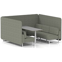 Brixworth 6 Seater Bench Booth With Table, White Legs, Grey Table With White Leg, Rivet Fabric, Vitreous Panels And Sofa