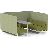 Brixworth 6 Seater Bench Booth With Table, White Legs, Grey Table With White Leg, Rivet Fabric, Burnish Panels And Olive Sofa