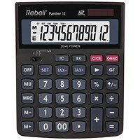 Rebell Panther 12 BX Desktop Calculator, 12 Digit, Solar and Battery Power, Grey