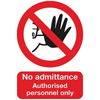 No Admittance Authorised Personnel Only PVC Safety Sign, A5, Red and Black on White