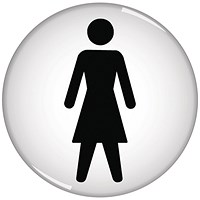 Domed Women Symbol Sign, 60mm Diameter, Black on White