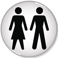 Domed Women and Men Symbol Sign, 60mm Diameter, Black on White