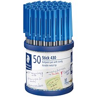 Staedtler Stick 430 Ballpoint Pen, Medium, Blue, Pack of 50