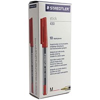 Staedtler Stick 430 Ballpoint Pen, Medium, Red, Pack of 10