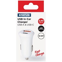 Status In Car Charger USB A/C 12v White