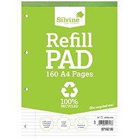 Silvine Recycled Refill Pad, A4, Ruled with Margin, 160 Pages, Green, Pack of 6