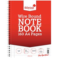 Silvine Wirebound Notebook, A4, Ruled & Perforated, 160 Pages, Red, Pack of 6