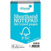 Silvine FSC Certified Wirebound Shorthand Notebook, 203x127mm, Ruled & Perforated, Blue, Pack of 10
