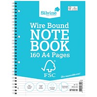 Silvine FSC Certified Wirebound Notebook, A4, Ruled & Perforated, 160 Pages, Blue, Pack of 5