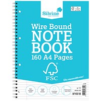 Silvine Wirebound Notebook, A4, Ruled & Perforated, 160 Pages, Pack of 5