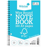 Silvine FSC Certified Wirebound Notebook, A5, Ruled & Perforarted, 160 Pages, Blue Pack of 5