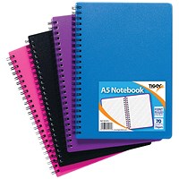 Tiger Sundry Wirebound Polypropylene Notebook, A5, Ruled, 140 Pages, Assorted Colours, Pack of 5