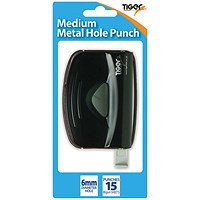 Tiger 2 Hole Punch, Capacity 15 Sheets, Black, Pack of 6