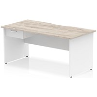 Impulse 1600mm Two-Tone Scalloped Edge Rectangular Desk, White Panel End Legs, Grey Oak, With 1 x 1 Drawer Fixed Pedestal