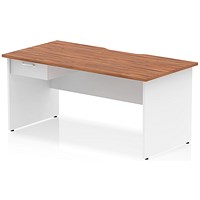 Impulse 1600mm Two-Tone Scalloped Edge Rectangular Desk, White Panel End Legs, Walnut, With 1 x 1 Drawer Fixed Pedestal