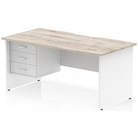 Impulse 1600mm Two-Tone Scalloped Edge Rectangular Desk, White Panel End Legs, Grey Oak, With 1 x 3 Drawer Fixed Pedestal