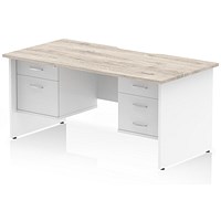Impulse 1600mm Two-Tone Scalloped Edge Rectangular Desk, White Panel End Legs, Grey Oak, With 1 x 2 Drawer and 1 x 3 Drawer Fixed Pedestals