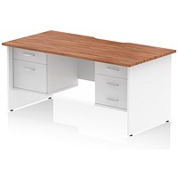 Impulse 1600mm Two-Tone Scalloped Edge Rectangular Desk, White Panel End Legs, Walnut, With 1 x 2 Drawer and 1 x 3 Drawer Fixed Pedestals