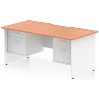 Impulse 1600mm Two-Tone Scalloped Edge Rectangular Desk, White Panel End Legs, Beech, With 2 x 2 Drawer Fixed Pedestals