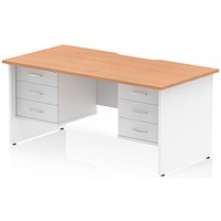 Impulse 1600mm Two-Tone Scalloped Edge Rectangular Desk, White Panel End Legs, Oak, With 2 x 3 Drawer Fixed Pedestals