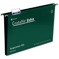 Rexel CrystalFiles Extra Suspension Files, Square Base, 30mm Capacity, Foolscap, Green, Pack of 25