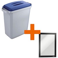 Durable Durabin Waste Bin, 60 Litre, Grey with Blue Lid - Get Black A5 Duraframe Self-Adhesive Free