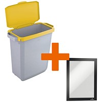 Durable Durabin Waste Bin, 60 Litre, Grey with Yellow Hinged Lid - Get Black A5 Duraframe Self-Adhesive Free