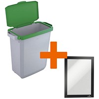 Durable Durabin Waste Bin, 60 Litre, Grey with Green Hinged Lid - Get Black A5 Duraframe Self-Adhesive Free