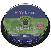 Verbatim CD-RW SERL Rewritable Blank CDs, Spindle, 700mb/80min Capacity, Pack of 10