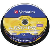 Verbatim DVD+RW SERL Rewritable Blank DVDs, Spindle, 4.7gb/120min Capacity, Pack of 10